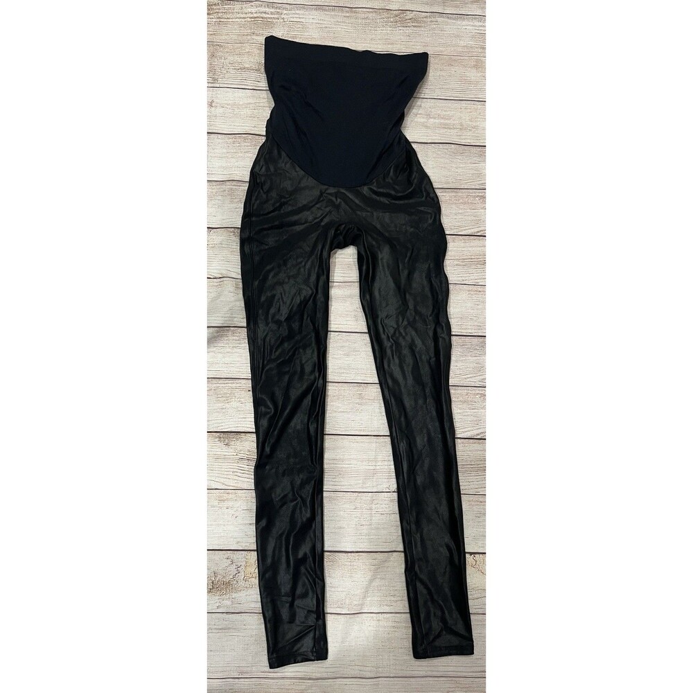Spanx Mama Faux Leather Maternity Leggings Women’s Black Skinny Tummy Panel S